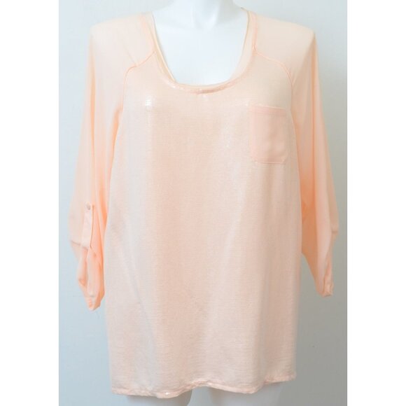 Lane Bryant PLUS Size (18/20) 2X Peach Sequins Roll Tab Sleeves Tunic Blouse - Picture 2 of 7